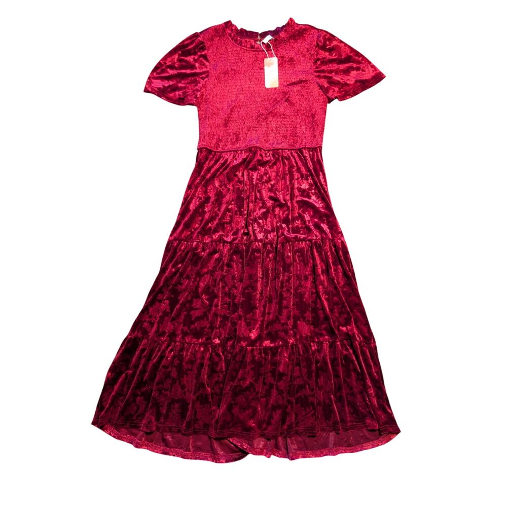 Simplee NWT Women's crushed Velvet Tiered Maxi Dress Smocked Ruffle Red Size XL